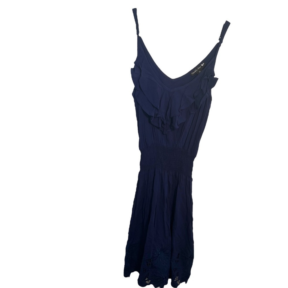 Double Zero Women's Size Medium Sleeveless Dress V-Neck Navy Blue Laser Cut Hem